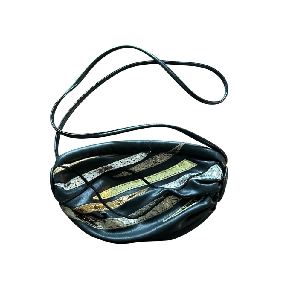 VTG Black Leather Oval Shoulder Bag Pouch Metallic Accents 80s Gold Tone "J" Zip